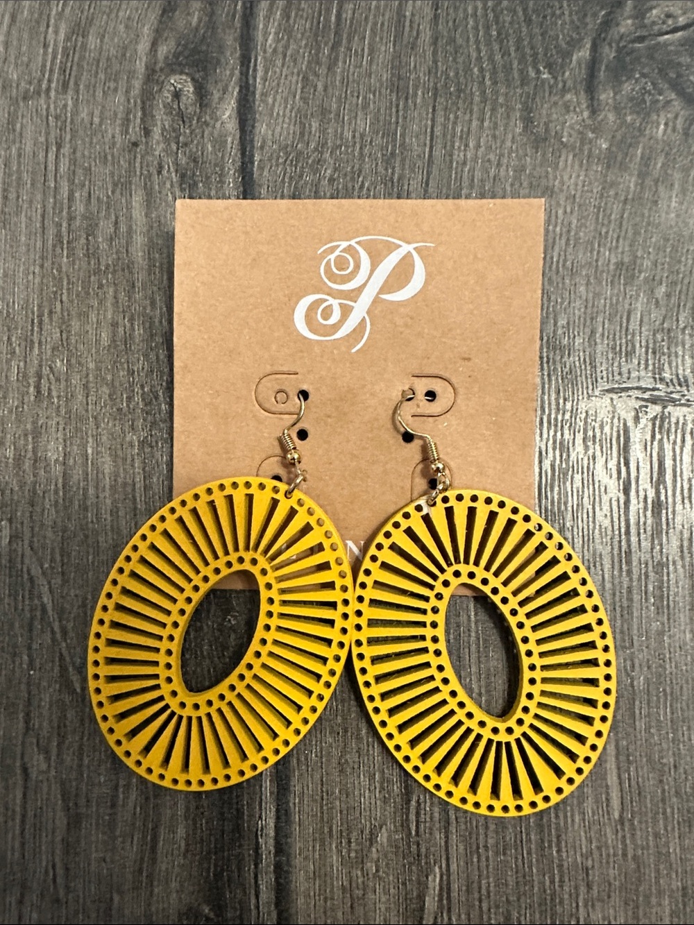 Wooden Yellow Laser-Cut Oval Dangle Earrings
